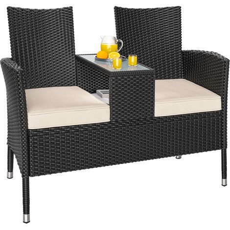 Banc de jardin en polyrotin 2 places avec coussins table intégrée 145 x 58 x 87 cm Salon de jardin extérieur Anthracite