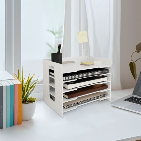 Organizer mit Schublade, Schreibtisch-Organizer, 5-stufiger Briefkorb mit Zeitschriftenhalter, für Büro, Zuhause und Schule (Weiß) (1/5)