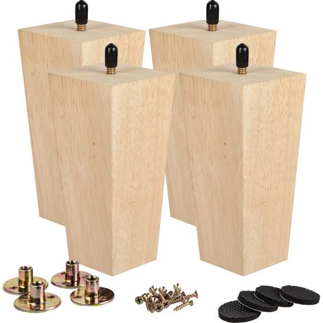 Lot de 4 pieds de meubles carrés en bois massif brut moderne du milieu du siècle avec boulon pré-percé de 1,6 cm, plaque de montage et vis pour canapé, fauteuil (1/5)