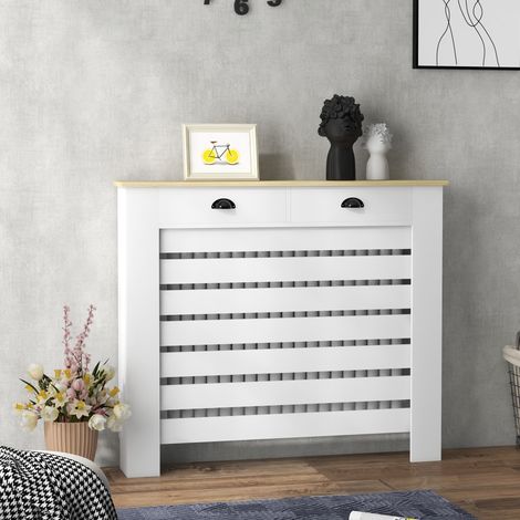 Copriradiatore con griglia a lamelle orizzontali e 2 cassetti in legno, 111L x 19P x 95,5H cm, bianco
