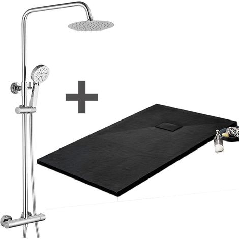 Kit Piatto doccia ultrasottile 90 x 90 cm PIATTO Nero + Colonna doccia termostatica Finitura cromata