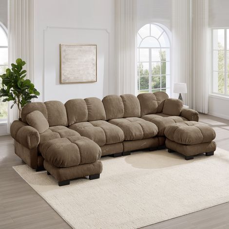Modulares U-Sofa, Chenille, 330 x 149 x 90 cm, mit 2 mobilen Ottomans, braun OKMYHOME (1/5)