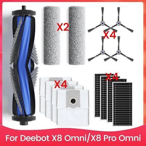 Kit d'accessoires pour aspirateurs Ecovacs Deebot X8 Omni/X8 Pro Omni : brosse principale en caoutchouc, filtres HEPA, rouleaux essuie-glace, brosses latérales, sacs à poussière. (1/5)