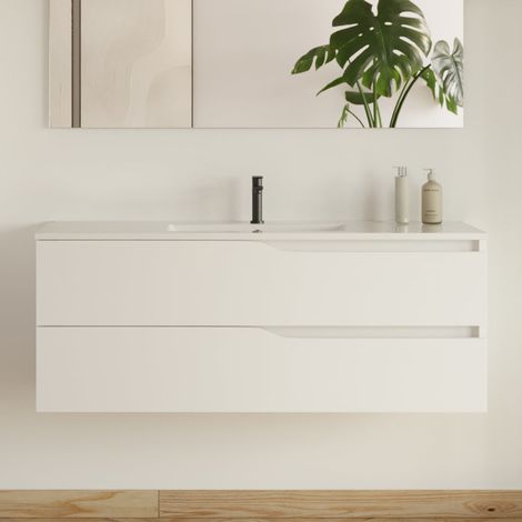 Meuble sous vasque seul, 2 tiroirs, 120cm, pour simple vasque - blanc mat - LUNA