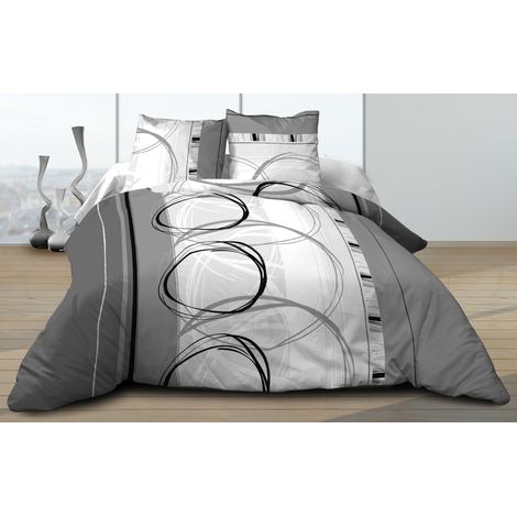 Housse de couette 220x240 cm – 2 taies 63x63 cm – 100% coton – Tissage serré 57 fils/cm² – Fermeture boutons pression – Gris – Le Linge De Jules (1/4)