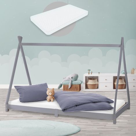 ML-Design Kinderbett Tipi 90x200 cm Hellgrau mit Matratze H:10cm, Lattenrost, Indianer Bett aus Kiefernholz, Mädchen/Jungen Hausbett, Bodenbett Kinderhaus Jugendbett Holzbett Bettenhaus Spielbett Zelt (1/5)