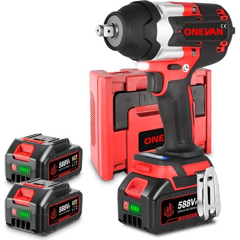 Onevan – Clé à chocs sans fil 1800Nm – Moteur Brushless – 3 vitesses – 2 batteries 588VF – Pour boulons M10-M24 – Coffret de transport rouge