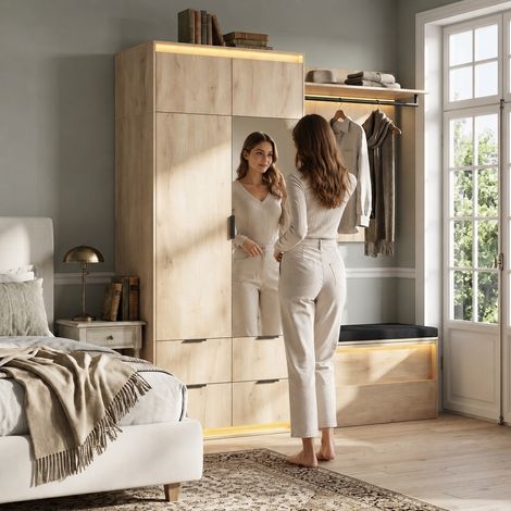 Armoire ensemble vestiaire éclairage LED miroir, 180x47x200 cm, 2 tringles 4 tiroirs 3 LED, entrée chambre salon, anthracite chêne, coloris anthracite et chêne (1/5)