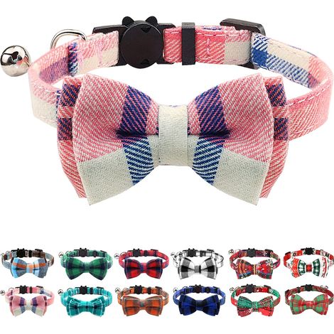 Collier chat avec boucle de sécurité et clochette, Collier chat avec noeud pour filles et garçons chatons,rose,1pc (1/2)
