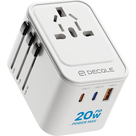 Adaptateur Prise Universelle avec 2 Ports USB-C(PD 20W) & 1 USB-A Adaptateur Voyage International, PAS un Convertisseur de Tension, Concerner France vers USA, UK, EU, AU & 200+ Pays (Blanc) (1/5)