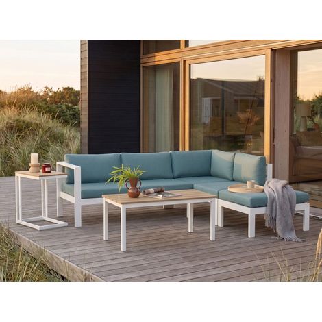 Conjunto de sala de estar 5 plazas de metal blanco madera clara verde menta cojines mesa Messina (1/5)