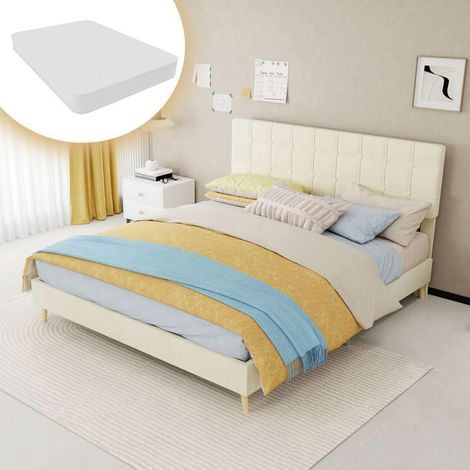 Lit Rembourré 160x200cm en tissu beige - Lit double - Tête de lit à carreaux, pieds en bois, style moderne, doux, respirant, élégant (1/5)