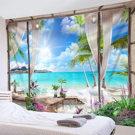 200x150cm Tapisserie Murale Océan turquoise Tenture Murale plage Couverture Murales Paysage de l'île tropicale depuis le balcon Tapisseries Decoration Murales pour Maison Salon Chambre Dortoir (1/5)