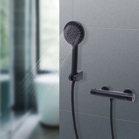 Mitigeur de douche thermostatique avec bouton de limitation de température à 38 °C, ensemble de mitigeur de douche avec douchette à main, ensemble de mitigeur pour baignoire et douche, noir (1/5)