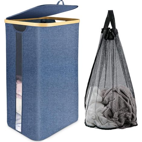 Dirty Laundry Basket Collapsible Laundry Basket with Lid, Dirty Laundry Basket Bamboo Wicker Laundry Basket with Removable Laundry Bag for Laundry Storage, Laundry Basket Laundry Basket Blue 100L (1/5)