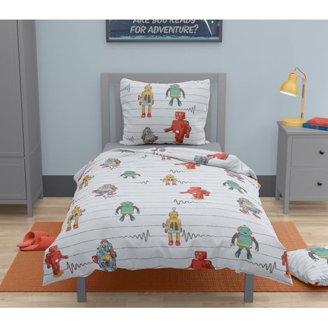 Parure de lit enfant 2 pièces 100% coton 57 fils gris clair 140x200 cm – Finition Oxford – Motifs ludiques pour chambre – Roupillon