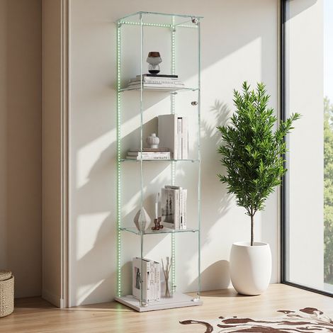 MEXUS – Vitrine 4 niveaux en verre trempé sécurisé – Design compact avec serrure, LED réglable, base blanc – Dimensions 39.8x35x163 cm – Idéale pour espaces réduits (1/5)