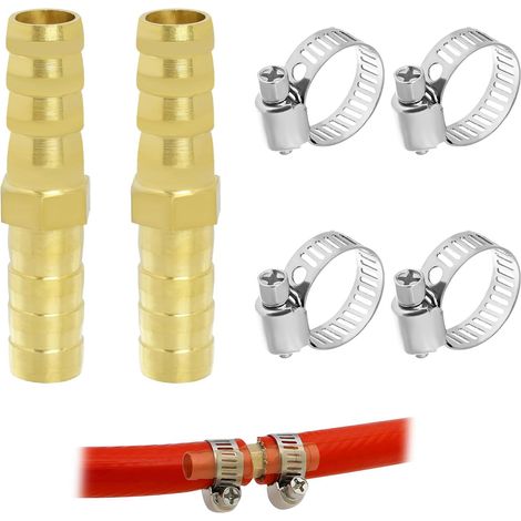 Set di 2 raccordi per tubo flessibile in ottone da 8 mm, connettore diritto a 2 vie con 4 fascette stringitubo per tubi flessibili in acciaio inox e ugelli in ottone, per acqua, carburante e aria. (1/5)