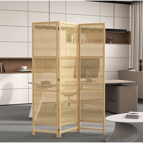 Paravent 3 panneaux 135x180 cm en rotin, naturel, gain de place pour salon FloraGrace (1/5)