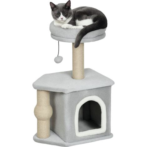 Arbre à chat tour de jeux pour chats, avec poteaux à griffer lit pour chat maison pour chat 42 x 30 x 66 cm gris clair (1/5)