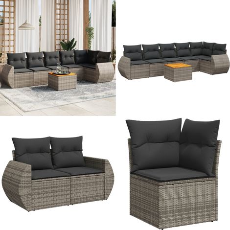 7-tlg. Garten-Sofagarnitur mit Kissen Grau Poly Rattan - Gartenmöbel - Sofagarnitur - Outdoor Möbel - Lounge Set - Rattan Gartenmöbel - Home & Living (1/5)