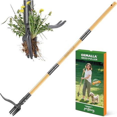 Manual Weeder, 1.1 m Length, Dandelion Puller, Natural Bamboo Handle and 4 Metal Claws, Standing Garden Weeder with Gardening Gloves (1/4)