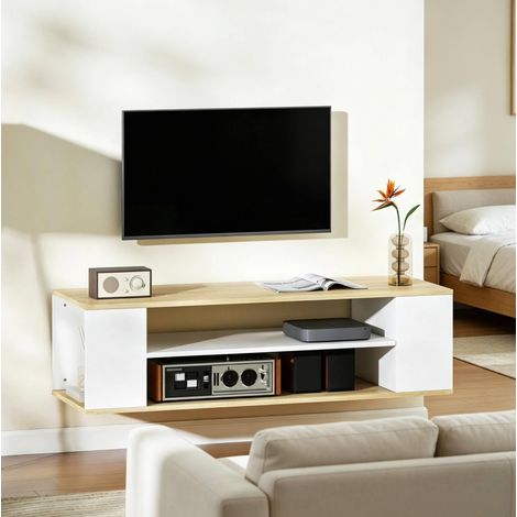Mobile TV 120x40x38.5 cm, con ruote, montaggio a pavimento o a parete, 2 ripiani aperti, truciolato, bianco naturale (1/5)