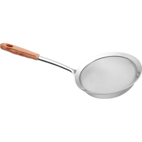 Passoire de cuisine en acier inoxydable à mailles fines avec poignée imitation bois, idéale pour le riz, l'huile, les pâtes, les nouilles et les légumes. Dimensions : 380 x 133 mm. (1/5)