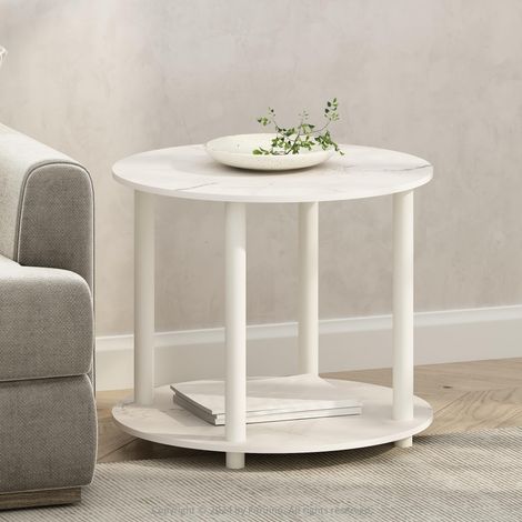 Table D'Appoint, Table Ronde À 2 Niveaux avec Étagère Ouverte, Table De Chevet, Montage sans Outil, pour Salon Ou Chambre, Blanc Marbré (1/5)