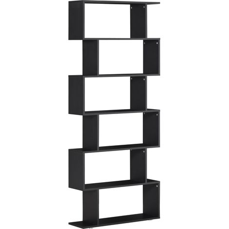 Rayonnage de bibliothèque — Bibliothèque en bois à 6 niveaux en forme de S, Dimensions : 80 x 24 x 191 cm, Couleur : Noir (1/5)