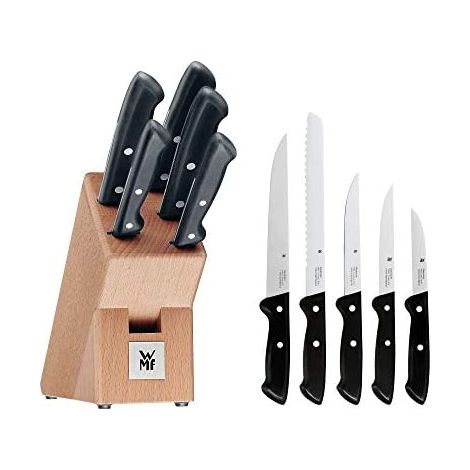 WMF Classic Line - Bloque de cuchillos equipado con 5 cuchillos, taco de madera de abedul, cuchillos con hoja de acero especial inoxidable, mangos remachados (1/5)