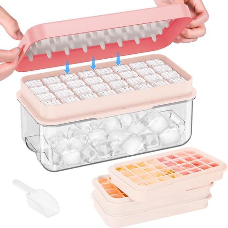 Eiswürfelform mit Deckel & Behälter für 96 Eiswürfel, BPA-frei, Rosa (1/5)