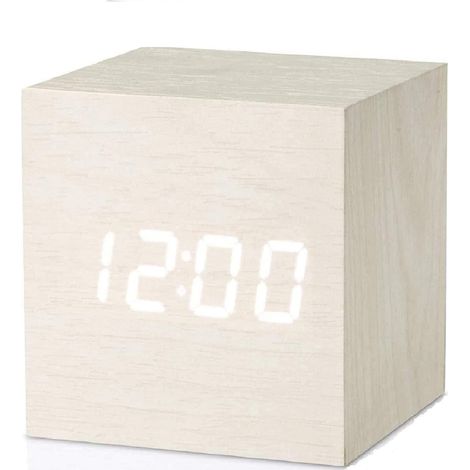 Réveil numérique en bois blanc, horloge cube de bureau alimentée par batterie ou USB (1/5)