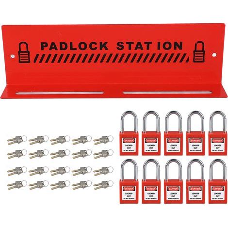 Stazione di sicurezza con lucchetti, scaffalatura in acciaio rosso con 10 serrature a chiave per la chiusura di sicurezza industriale. (1/5)