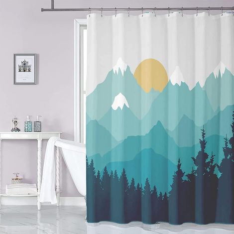 Rideau de douche 180 x 200 cm avec 12 crochets, séchage rapide (motif paysage), en polyester imperméable lavable en machine, pour salle de bain. (1/5)