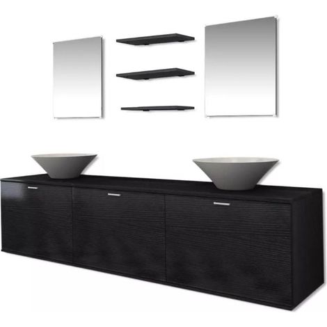 Meuble de salle de bain 10 pièces bois laqué noir Val (1/5)