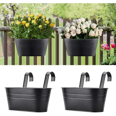 Pots de fleurs suspendus en métal avec crochets, adaptés aux balcons, clôtures et jardins, noirs, lot de 2 (1/5)
