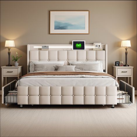 Lit double 180x200cm avec 4 tiroirs,Structure de lit avec avec Ports USB et éclairage LED,Sommier à lattes,Lin,Beige