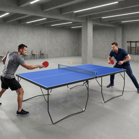 Table de ping-pong, pliable, 8 roues, cadre en acier recouvert de poudre, MDF, 274 x 152,5 x 76 cm, bleu (1/5)