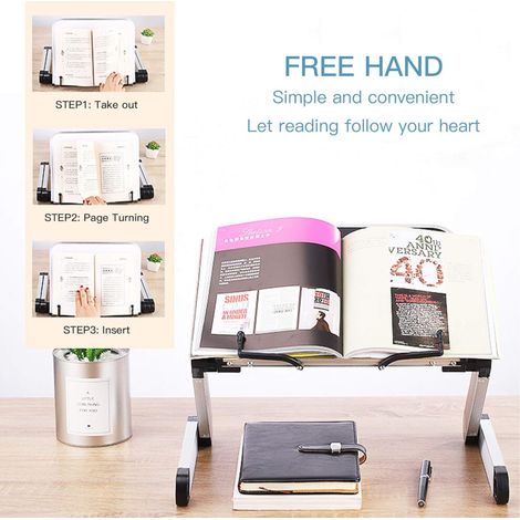 Support de livre réglable en hauteur, supporte les livres lourds et les ordinateurs portables, conception pliable pour un gain de place, design ergonomique pour un confort de lecture optimal, idéal po (1/5)