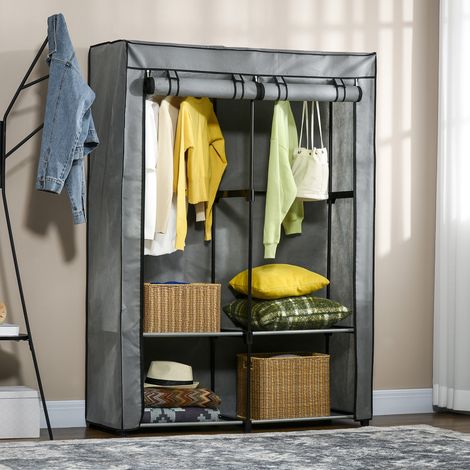 Armoire portable en tissu non tissé avec 4 étagères ouvertes et 2 cintres. 118 x 49 x 170 cm. Grise.