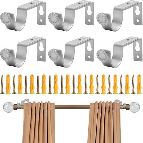6 Pack Curtain Rod Brackets, Heavy Duty Adjustable Curtain Rod Brackets with Screws, Rust Resistant Wall Mounted Rod for Bedroom, Office, Bathroom, Silver (1/5)