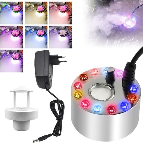 Brumisateur à ultrasons, avec protection anti-éclaboussures amovible, blanche, générateur de brume, mini fogger avec 12 lumières pour fontaine à eau, bassin, pot, jardin de rocaille, vacances, fête (1/5)