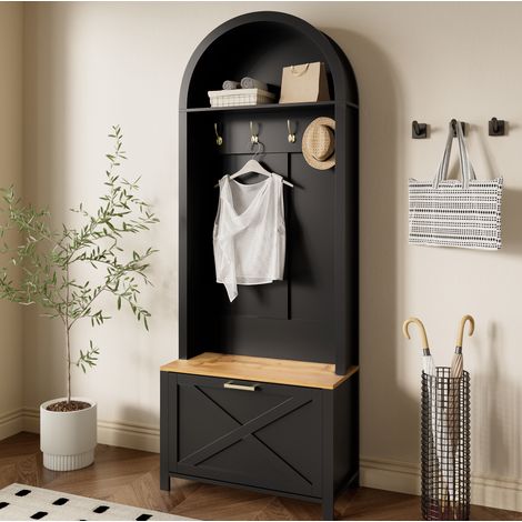 Meuble d'entrée avec range-chaussures, étagère et crochets 75 x 35 x 195 cm MDF noir HAVRYA (1/5)