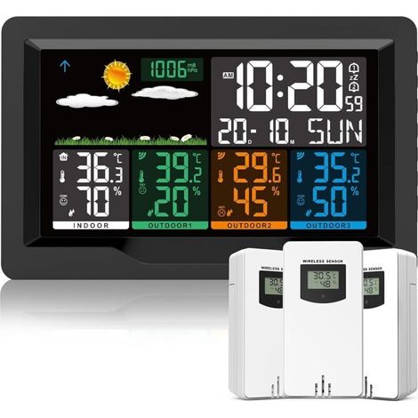 Station Météo sans Fil avec Capteur, Thermomètre Hygromètre Numériques Intérieure/Extérieure, Ecran LCD Couleur, Calendrier l'horloge Réveil Snooze Prévisions Température Humidité 12CM-New (1/5)