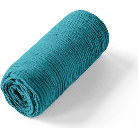 Drap housse gaze de coton uni 180 x 200 cm Harmonieux Bleu enamel