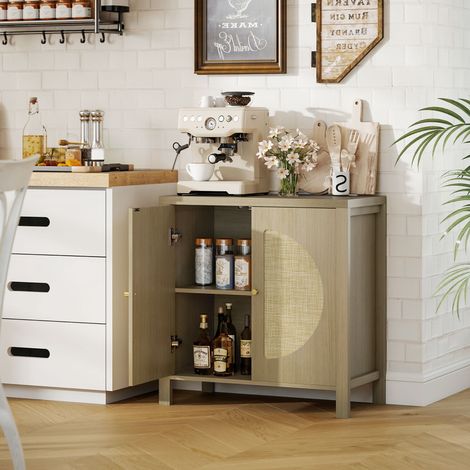 Küchen-Sideboard, Aufbewahrungsmöbel mit 2 Türen in Rattanoptik und verstellbarem Einlegeboden, 75 x 38 x 77 cm, Naturholz