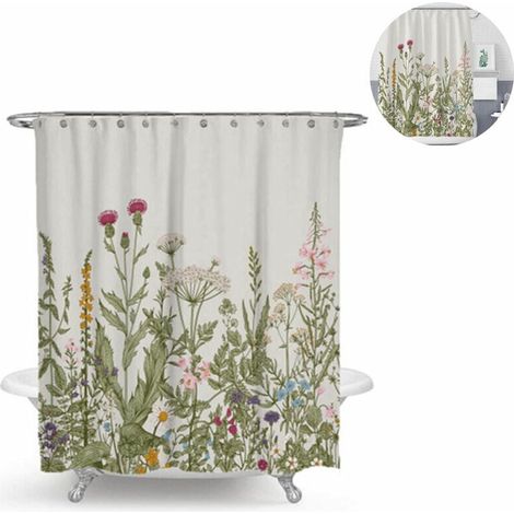 Rideau de douche anti moisissure antibactérien et lavable en polyester dimensions 180 x 180 cm avec 12 anneaux motif floral nordique (1/5)