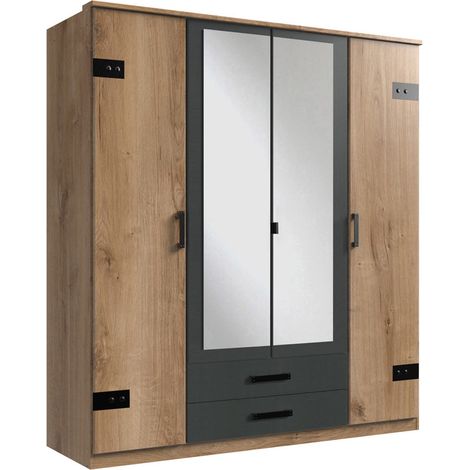 Armoire placard meuble de rangement coloris imitation chêne poutre/graphite - Longueur 180 x Hauteur 199 x Profondeur 58 cm -PEGANE-