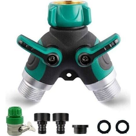2-Wege-Schlauchverteiler, Gartenschlauchverteiler, 3/4"- und 1/2"-2-Wege-Verteiler mit 2 Ventilausgängen, 2-Wege-Verteiler mit 2 Unterlegscheiben, Gartenschlauchanschluss (1/5)